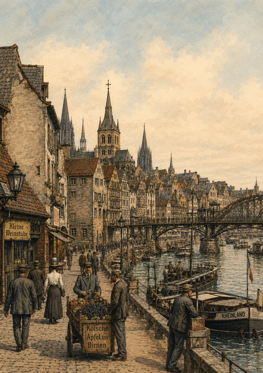 Illustrierte historische Szene am Kölner Rheinufer mit Dom, Brücke, Marktleben und Schiffen